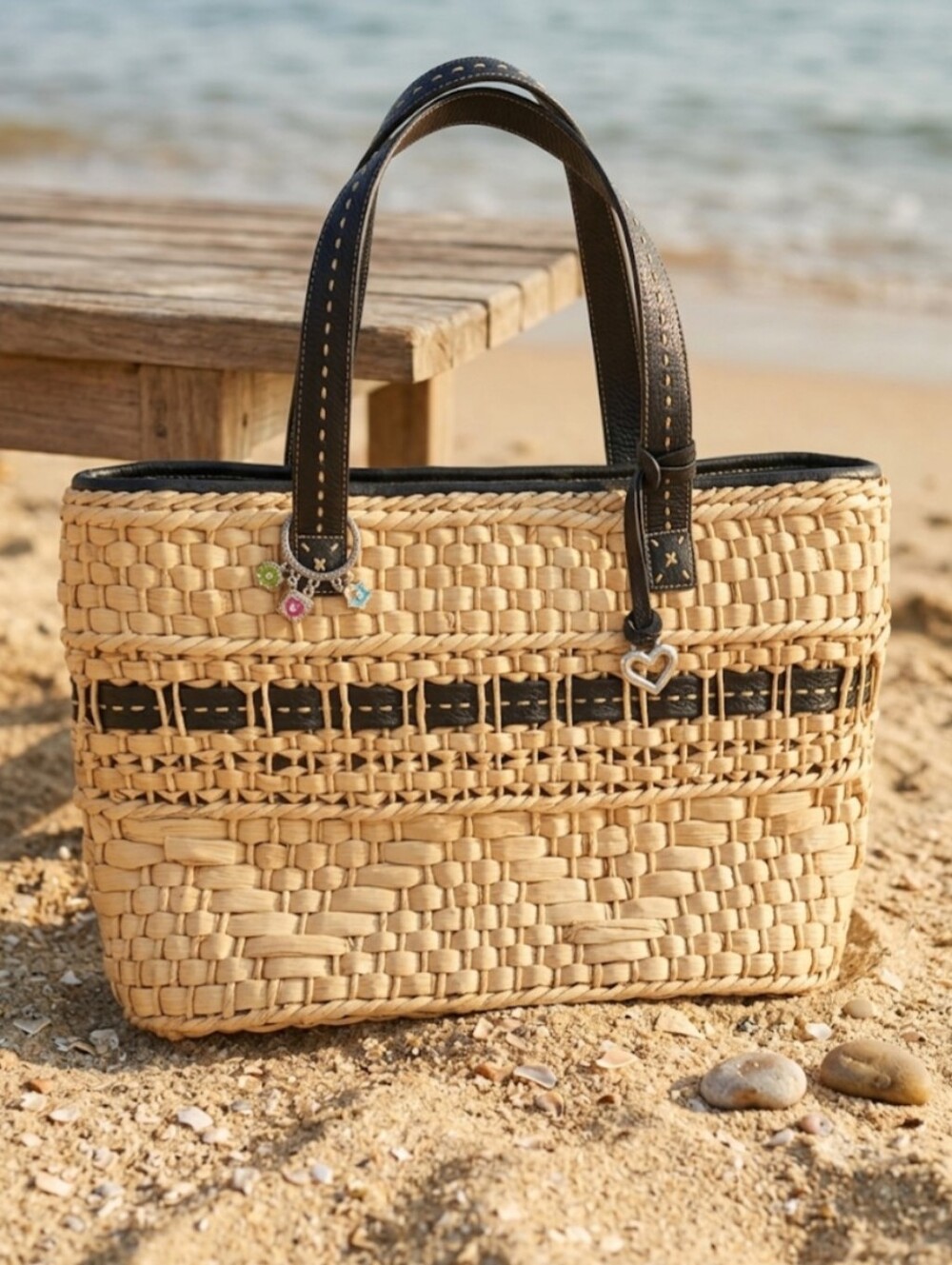 Brighton Natural Straw Tote with Black Leather Handles